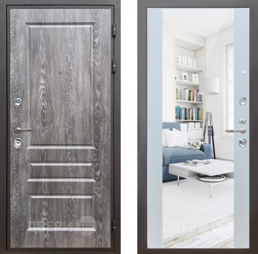 Входная металлическая Дверь Шелтер (SHELTER) Комфорт Дуб шале серебро 13 с зеркалом Белый матовый в Протвино