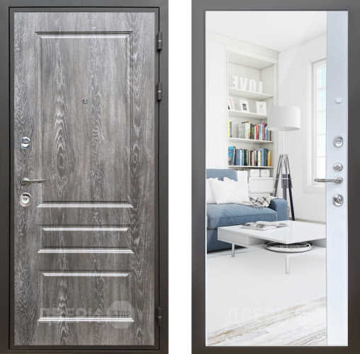 Входная металлическая Дверь Шелтер (SHELTER) Комфорт Дуб шале серебро 14 с зеркалом Белый матовый в Протвино