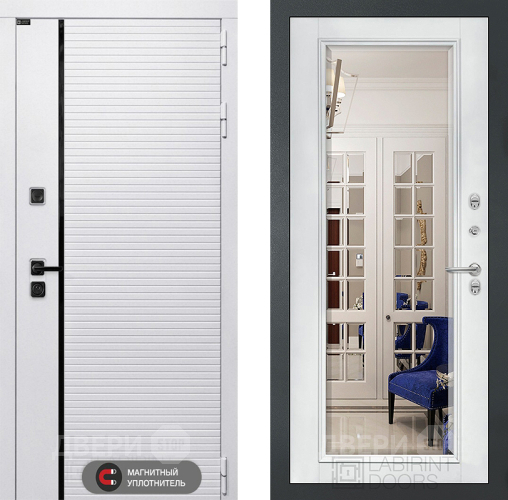 Входная металлическая Дверь Лабиринт (LABIRINT) Royal Зеркало Фацет с багетом Белый софт в Протвино