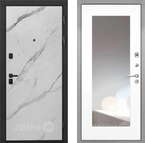 Входная металлическая Дверь Интекрон (INTECRON) Профит Black Мрамор Арктик ФЛЗ-120-М Зеркало Белый матовый в Протвино